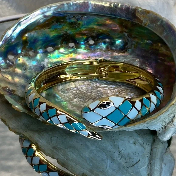 Snake Cuff Bracelet Gold-plated Inlaid Teal & White Enamel Bangle Bracelet sze 8